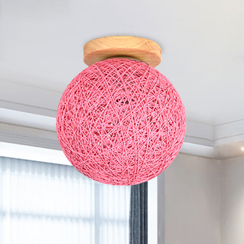Modernist Rattan Ceiling Mount Light: Blue/Flaxen Globe Shade, 6"/8" Wide, 1 Bulb Flush Mount Lighting for Corridor