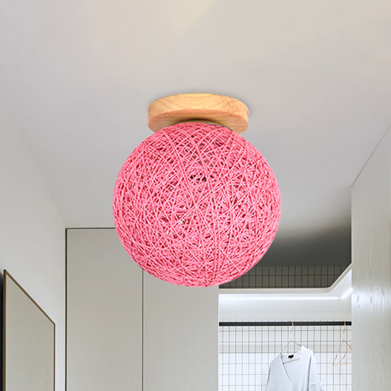Modernist Rattan Ceiling Mount Light: Blue/Flaxen Globe Shade, 6"/8" Wide, 1 Bulb Flush Mount Lighting for Corridor