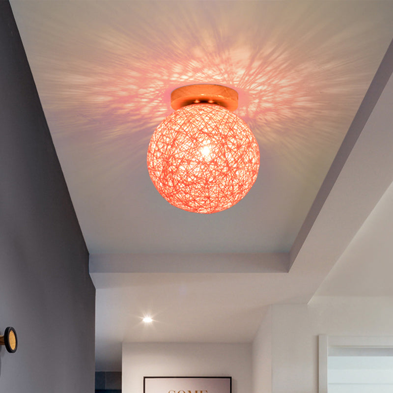 Modernist Rattan Ceiling Mount Light: Blue/Flaxen Globe Shade, 6"/8" Wide, 1 Bulb Flush Mount Lighting for Corridor
