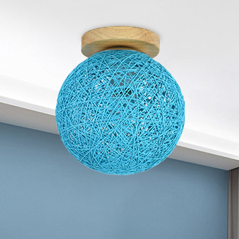 Modernist Rattan Ceiling Mount Light: Blue/Flaxen Globe Shade, 6"/8" Wide, 1 Bulb Flush Mount Lighting for Corridor
