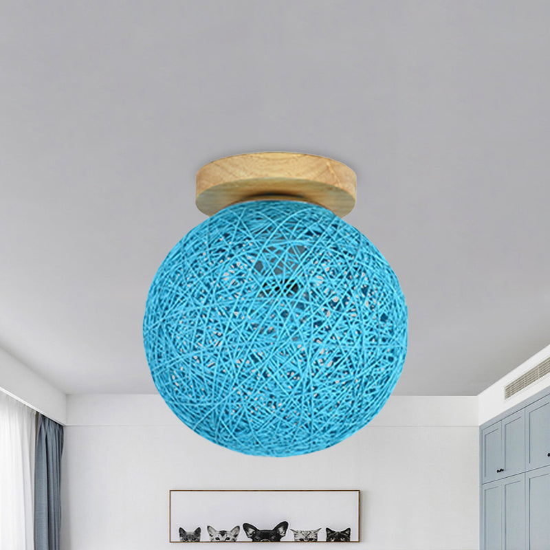 Modernist Rattan Ceiling Mount Light: Blue/Flaxen Globe Shade, 6"/8" Wide, 1 Bulb Flush Mount Lighting for Corridor