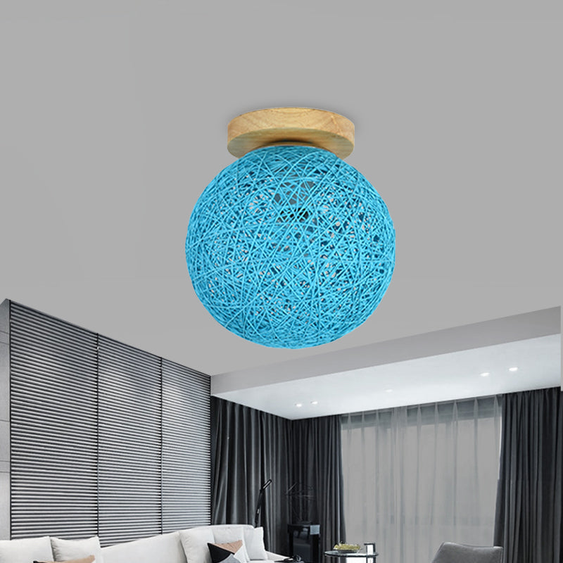 Modernist Rattan Ceiling Mount Light: Blue/Flaxen Globe Shade, 6"/8" Wide, 1 Bulb Flush Mount Lighting for Corridor