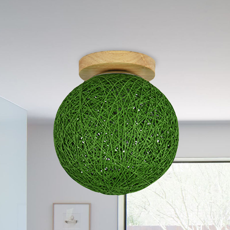 Modernist Rattan Ceiling Mount Light: Blue/Flaxen Globe Shade, 6"/8" Wide, 1 Bulb Flush Mount Lighting for Corridor