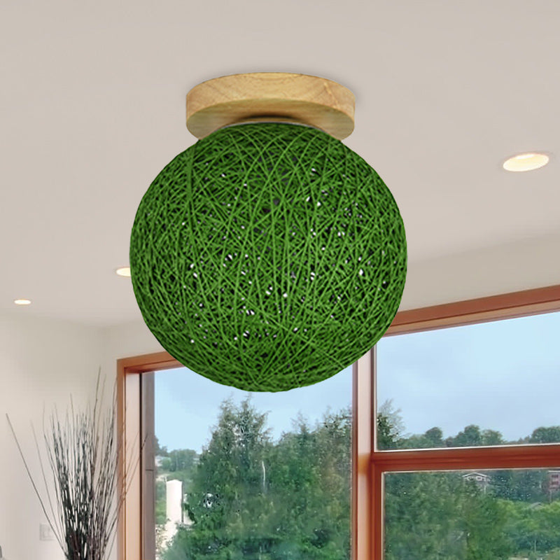 Modernist Rattan Ceiling Mount Light: Blue/Flaxen Globe Shade, 6"/8" Wide, 1 Bulb Flush Mount Lighting for Corridor