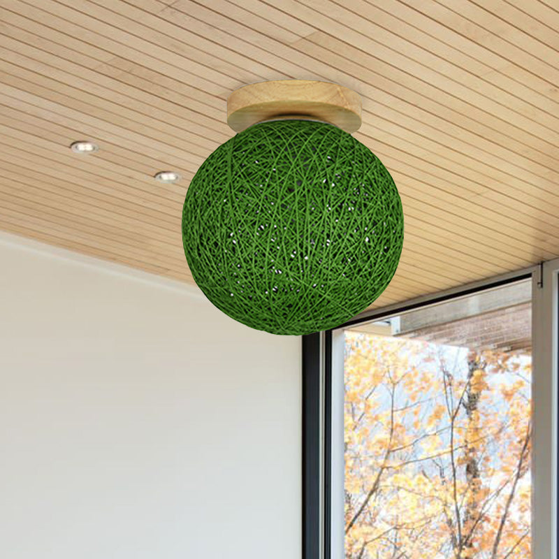 Modernist Rattan Ceiling Mount Light: Blue/Flaxen Globe Shade, 6"/8" Wide, 1 Bulb Flush Mount Lighting for Corridor