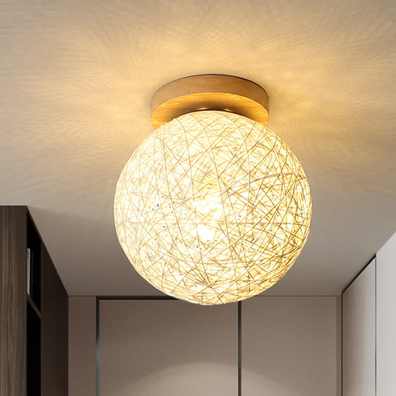 Modernist Rattan Ceiling Mount Light: Blue/Flaxen Globe Shade, 6"/8" Wide, 1 Bulb Flush Mount Lighting for Corridor