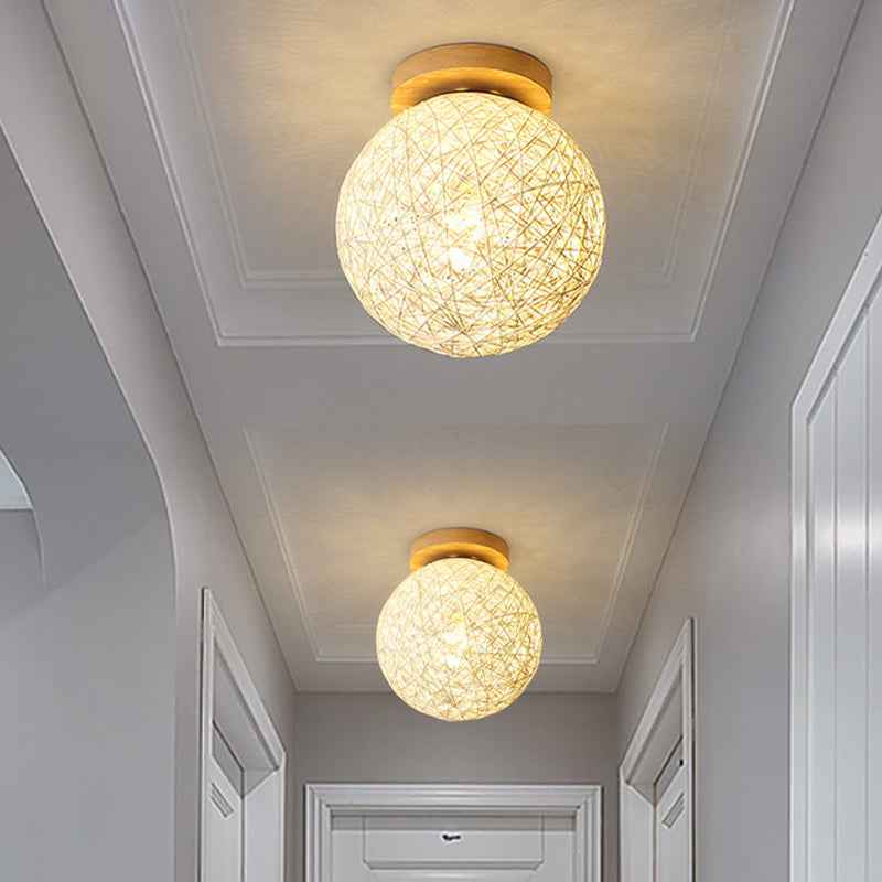 Modernist Rattan Ceiling Mount Light: Blue/Flaxen Globe Shade, 6"/8" Wide, 1 Bulb Flush Mount Lighting for Corridor