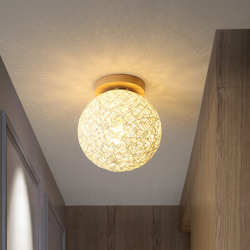 Modernist Rattan Ceiling Mount Light: Blue/Flaxen Globe Shade, 6"/8" Wide, 1 Bulb Flush Mount Lighting for Corridor