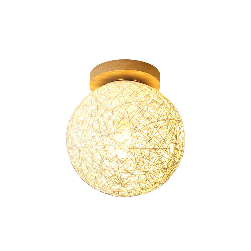 Modernist Rattan Ceiling Mount Light: Blue/Flaxen Globe Shade, 6"/8" Wide, 1 Bulb Flush Mount Lighting for Corridor