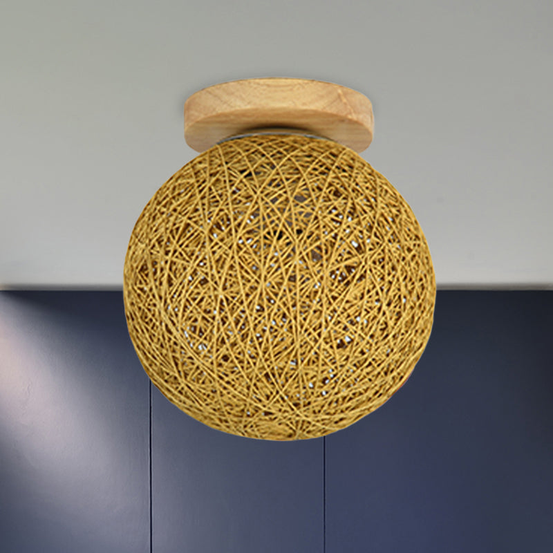 Modernist Rattan Ceiling Mount Light: Blue/Flaxen Globe Shade, 6"/8" Wide, 1 Bulb Flush Mount Lighting for Corridor