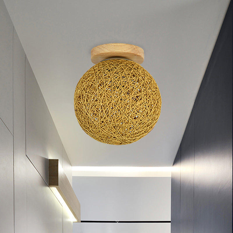 Modernist Rattan Ceiling Mount Light: Blue/Flaxen Globe Shade, 6"/8" Wide, 1 Bulb Flush Mount Lighting for Corridor
