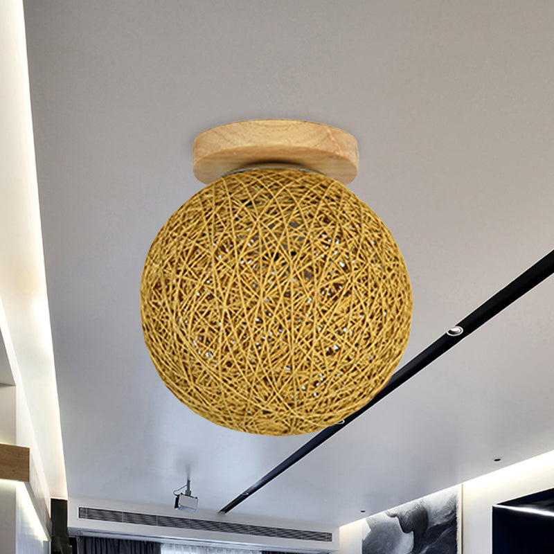Modernist Rattan Ceiling Mount Light: Blue/Flaxen Globe Shade, 6"/8" Wide, 1 Bulb Flush Mount Lighting for Corridor
