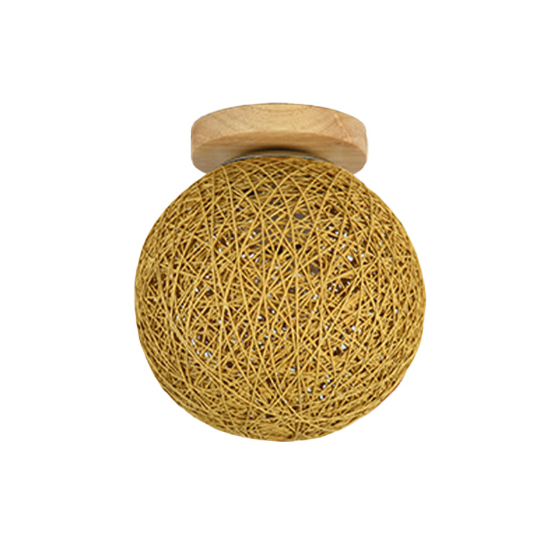 Modernist Rattan Ceiling Mount Light: Blue/Flaxen Globe Shade, 6"/8" Wide, 1 Bulb Flush Mount Lighting for Corridor