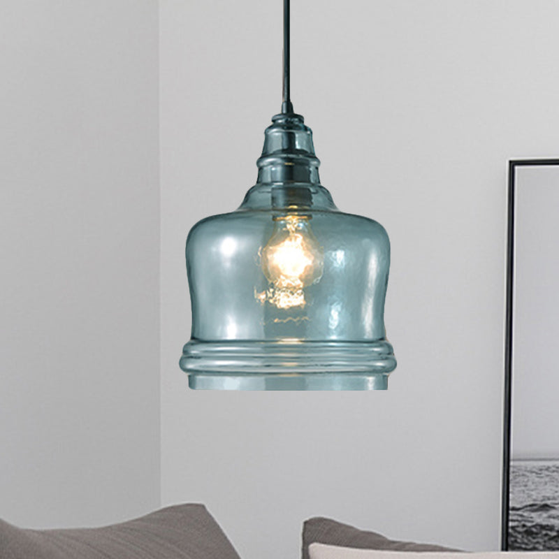 Modern Blue Glass Pendant Light - Wide Masion Jar Globe/Drum Design (1 Light)