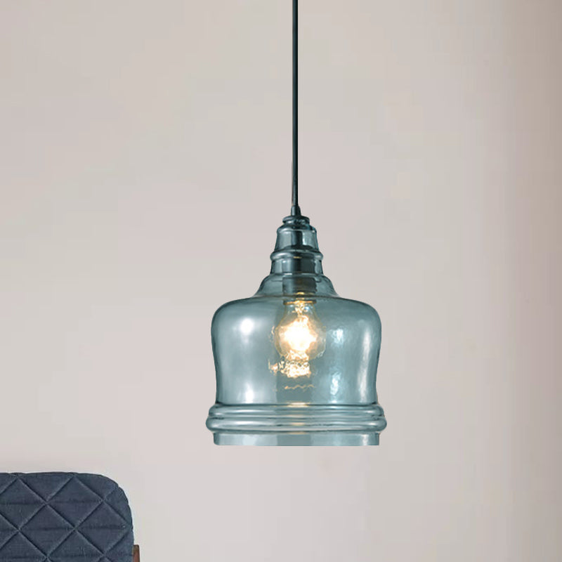 Modern Blue Glass Pendant Light - Wide Masion Jar Globe/Drum Design (1 Light)