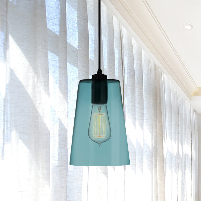 Modern 1 Light Blue Glass Pendant Lamp, Black Ceiling Pendant Light