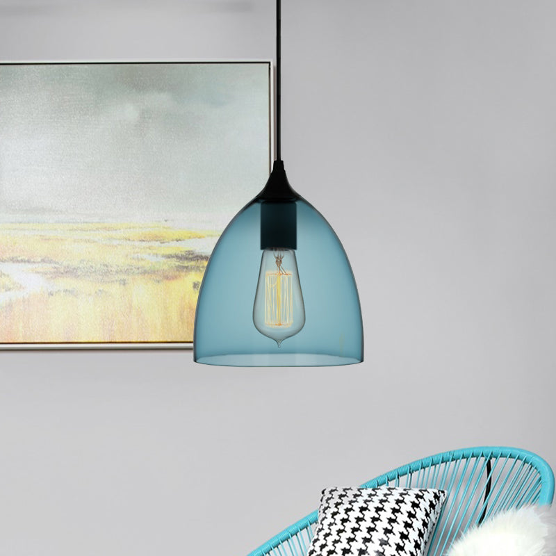 Modern 1 Light Blue Glass Pendant Lamp, Black Ceiling Pendant Light