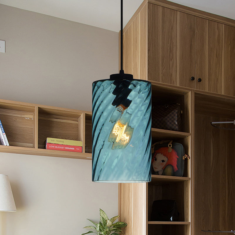 Modernist Blue Glass Pendant Light with Lattice Design and Ceiling Hung Suspension