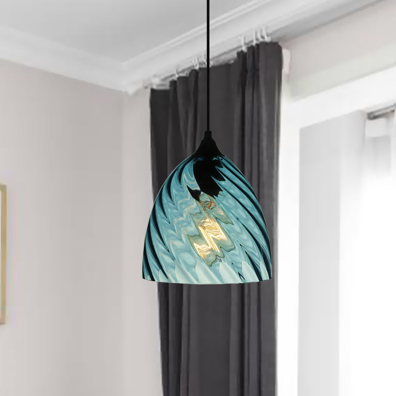 Modernist Blue Glass Pendant Light with Lattice Design and Ceiling Hung Suspension