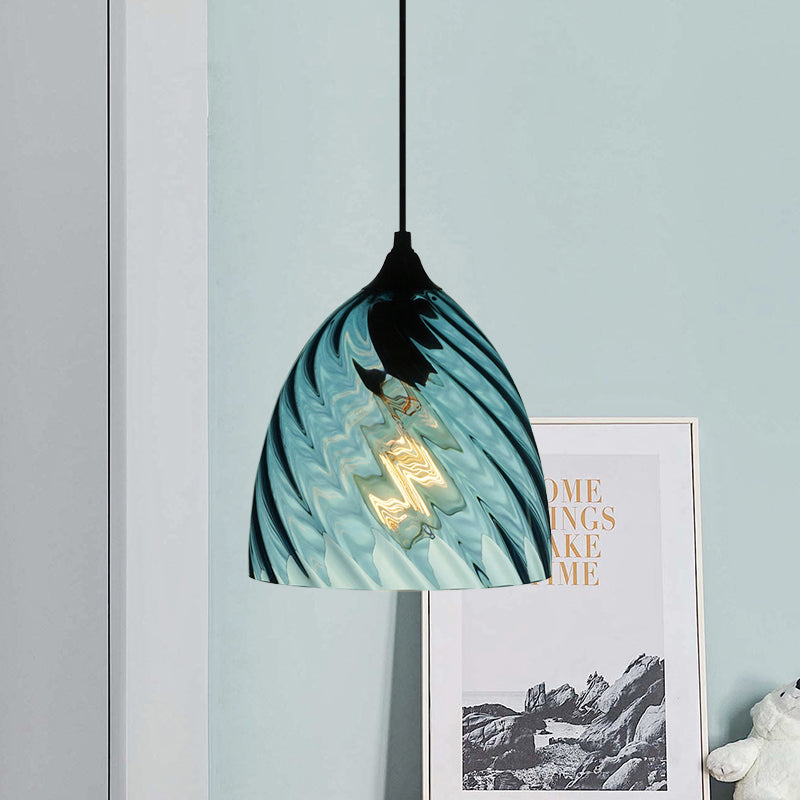 Modernist Blue Glass Pendant Light with Lattice Design and Ceiling Hung Suspension