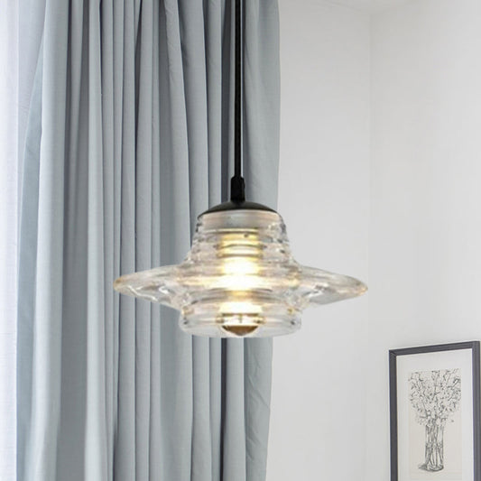 Suspension en verre transparent à volants - Design conique/dôme/évasé moderniste - Plafonnier noir à 1 lampe
