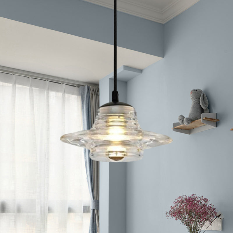 Clear Ruffle Glass Pendant Lighting - Modernist Cone/Dome/Flared Design - 1 Light Black Ceiling Lamp