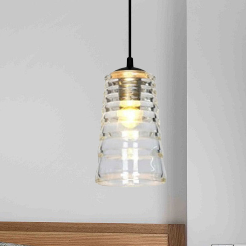 Clear Ruffle Glass Pendant Lighting - Modernist Cone/Dome/Flared Design - 1 Light Black Ceiling Lamp