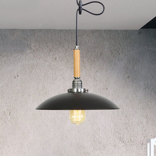 Industrial Black Metal Pendant Light with Hanging Cord - Shallow Round Design in Wood