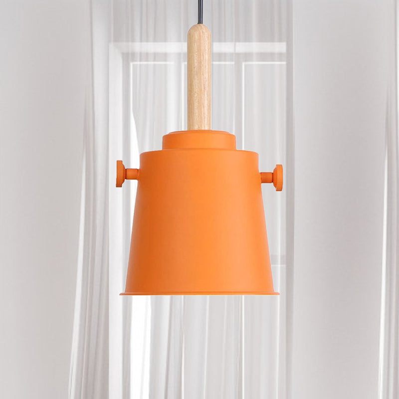 Modern Adjustable Cord Pendant Lamp - Single Light Metal Bucket Hanging In Wood