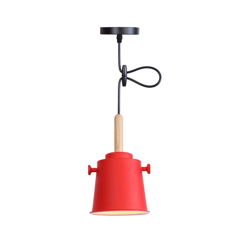 Modern Adjustable Cord Pendant Lamp - Single Light Metal Bucket Hanging In Wood