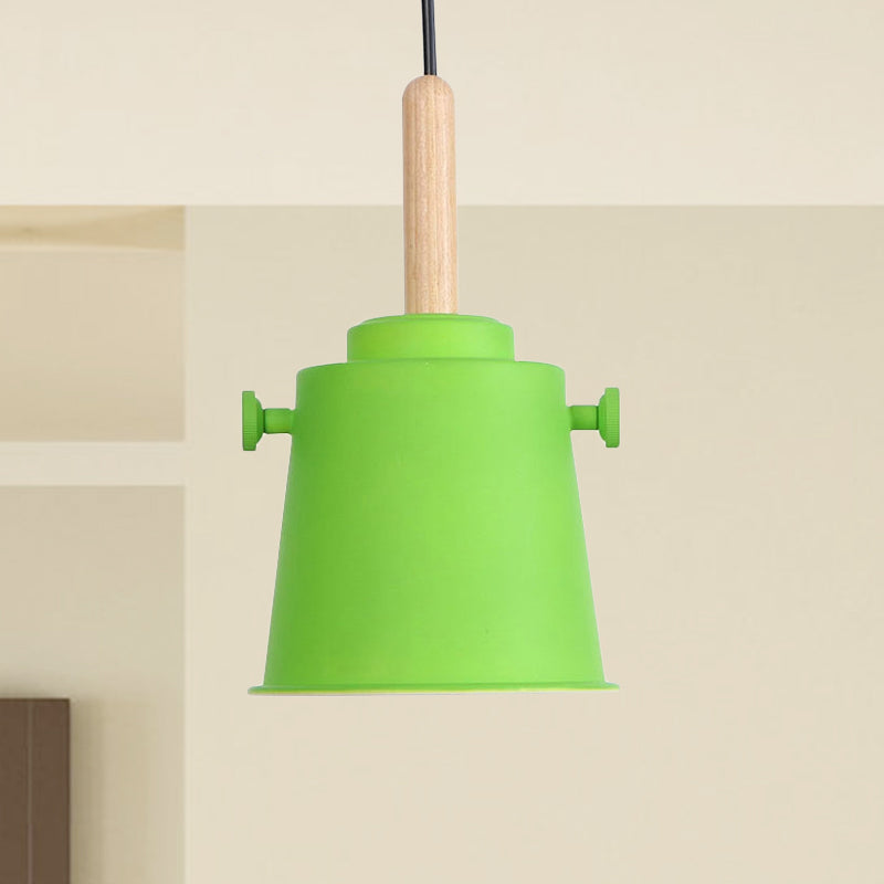 Modern Adjustable Cord Pendant Lamp - Single Light Metal Bucket Hanging In Wood