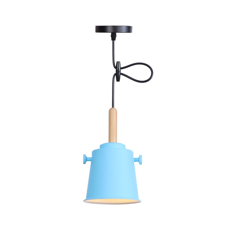 Modern Adjustable Cord Pendant Lamp - Single Light Metal Bucket Hanging In Wood