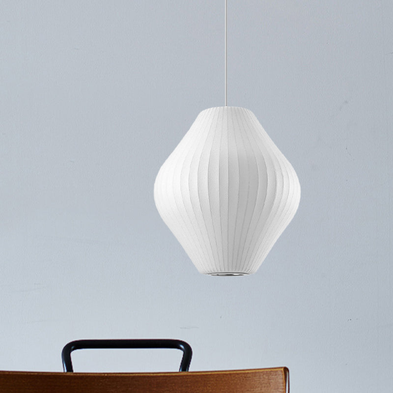 Contemporary White Hanging Light with Pear Fabric Shade - 1 Bulb Ceiling Pendant, 12.5"/17"W