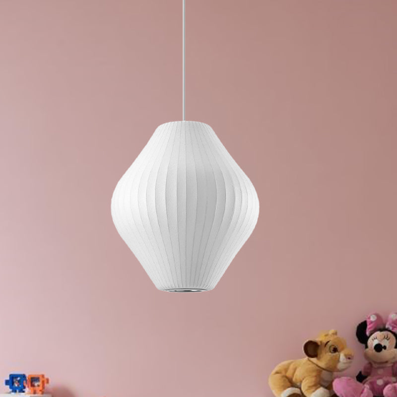 Contemporary White Hanging Light with Pear Fabric Shade - 1 Bulb Ceiling Pendant, 12.5"/17"W
