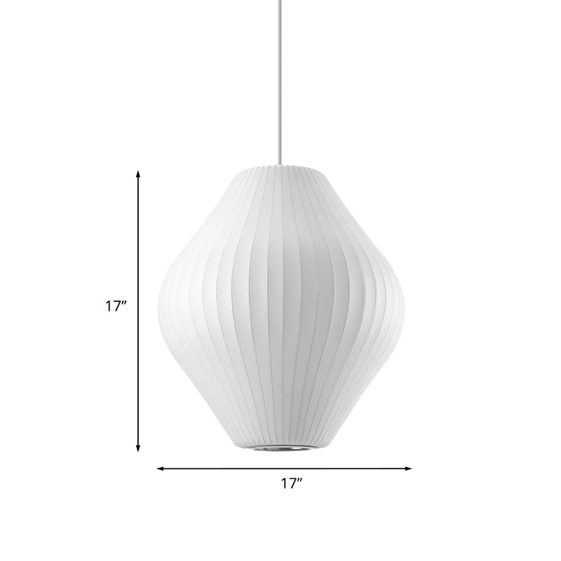 Contemporary White Hanging Light with Pear Fabric Shade - 1 Bulb Ceiling Pendant, 12.5"/17"W