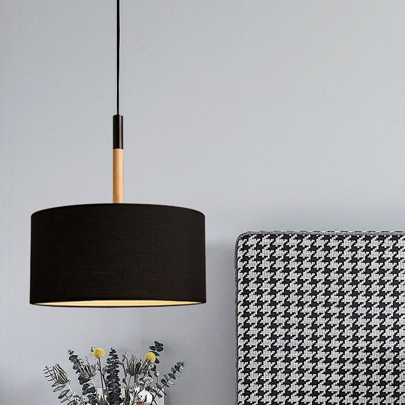 Simple Drum Pendant Light Kit - Fabric Shade, 1 Light, 10"/16" Dia in White/Black