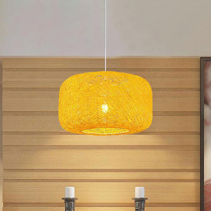 Lampe à suspension tambour en rotin tissé moderne - Diamètre 8"/12" - Noir/Blanc