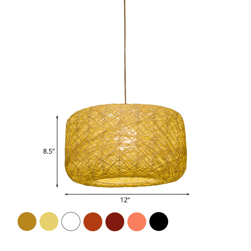 Lampe à suspension tambour en rotin tissé moderne - Diamètre 8"/12" - Noir/Blanc