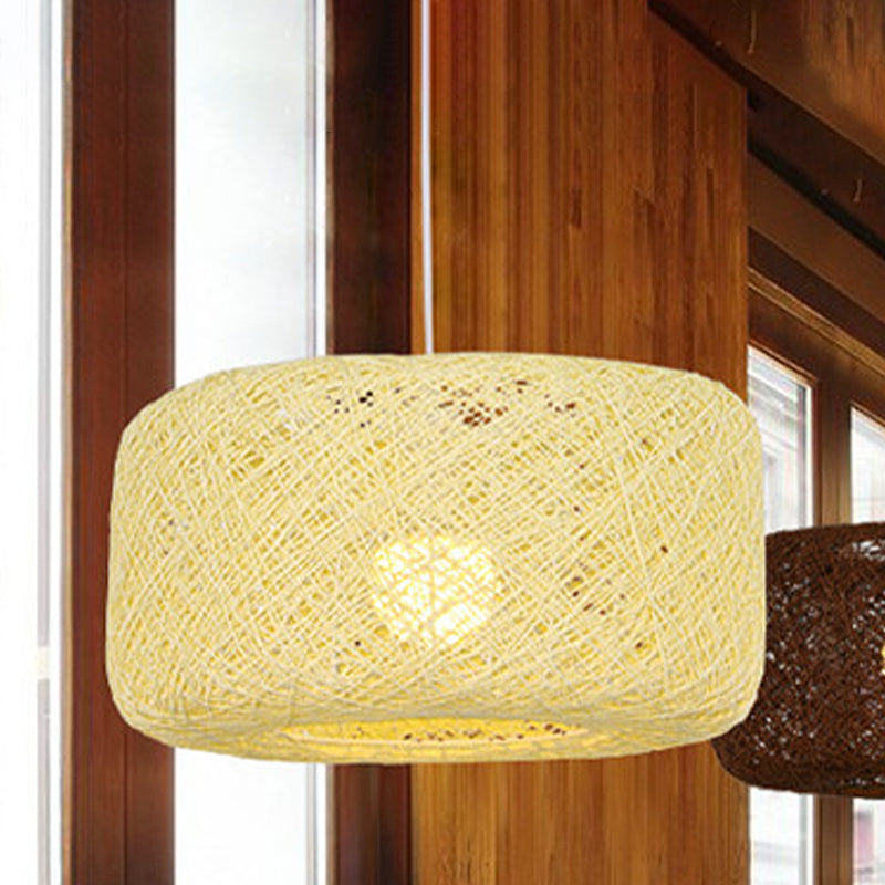 Lampe à suspension tambour en rotin tissé moderne - Diamètre 8"/12" - Noir/Blanc
