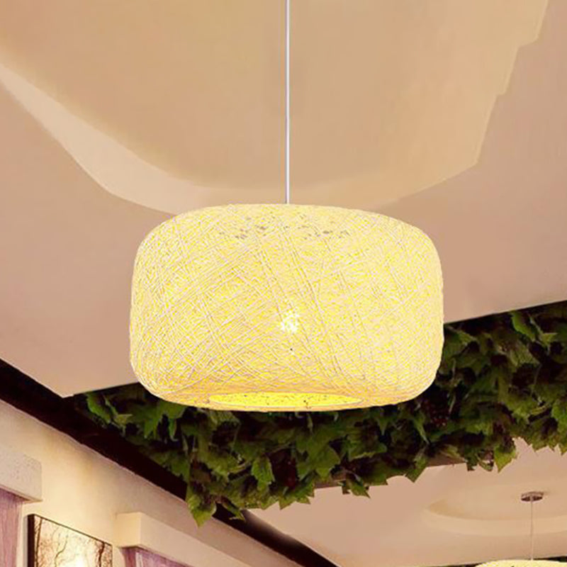 Lampe à suspension tambour en rotin tissé moderne - Diamètre 8"/12" - Noir/Blanc