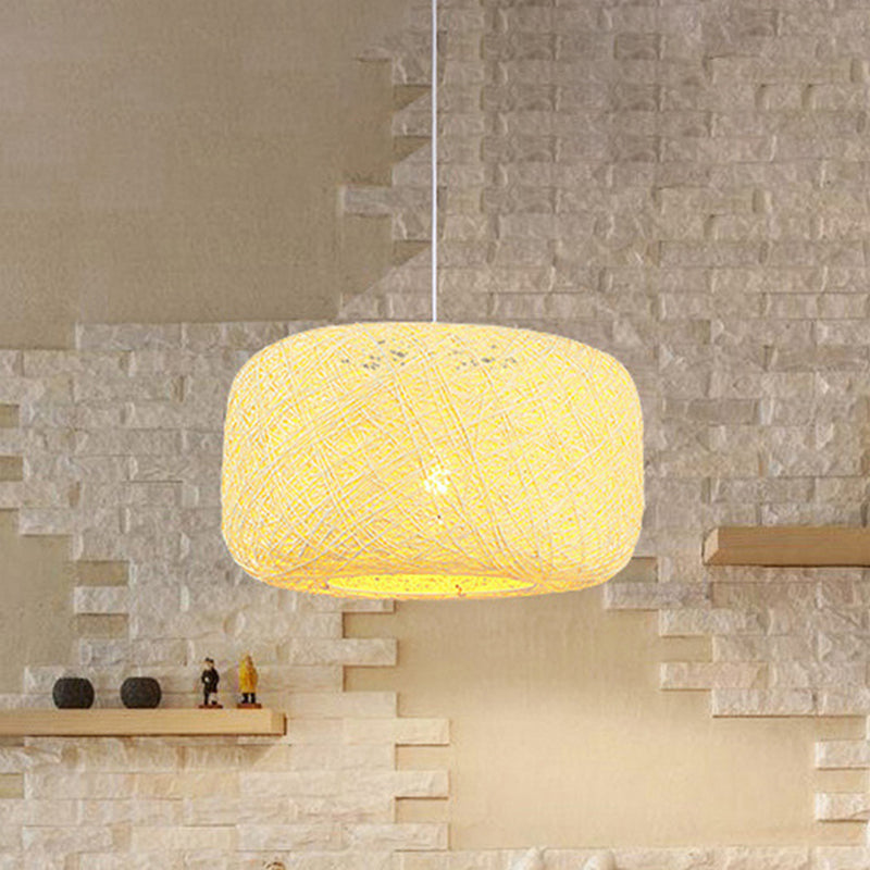 Lampe à suspension tambour en rotin tissé moderne - Diamètre 8"/12" - Noir/Blanc