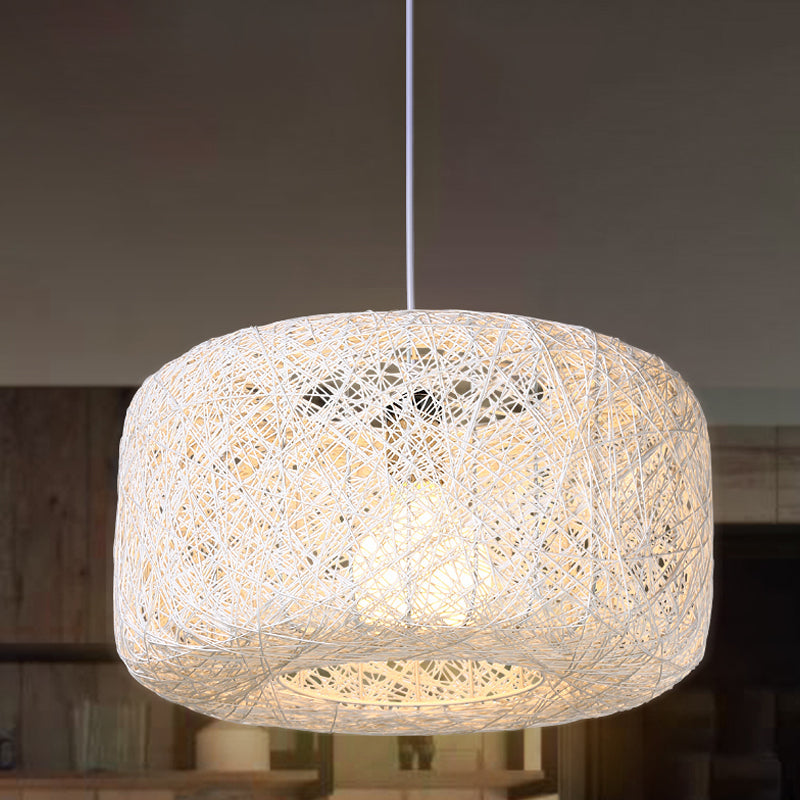 Lampe à suspension tambour en rotin tissé moderne - Diamètre 8"/12" - Noir/Blanc