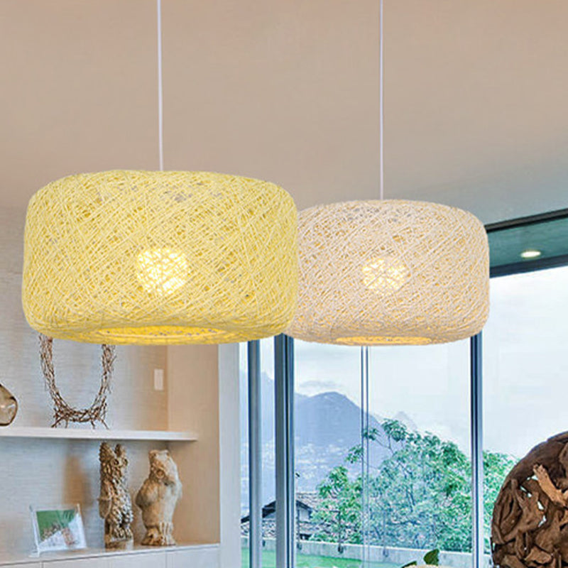 Lampe à suspension tambour en rotin tissé moderne - Diamètre 8"/12" - Noir/Blanc