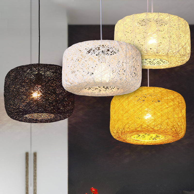 Lampe à suspension tambour en rotin tissé moderne - Diamètre 8"/12" - Noir/Blanc