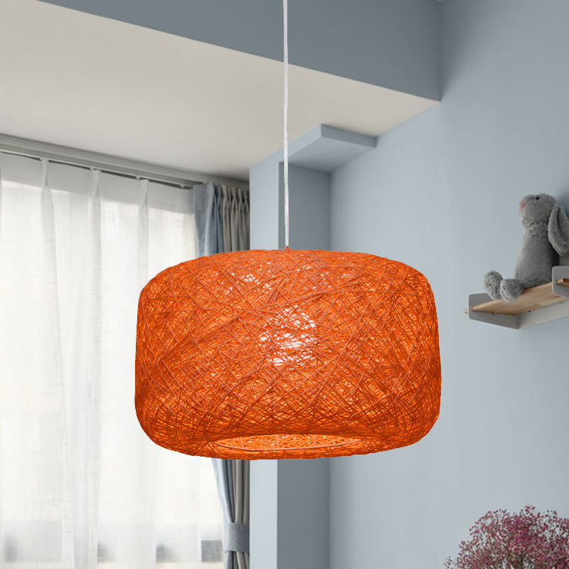 Lampe à suspension tambour en rotin tissé moderne - Diamètre 8"/12" - Noir/Blanc