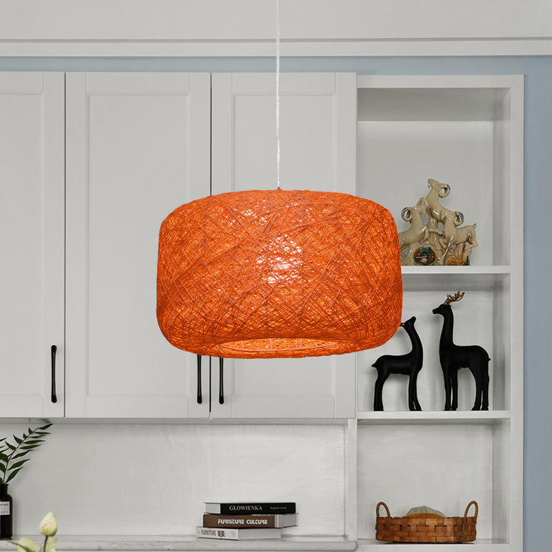 Lampe à suspension tambour en rotin tissé moderne - Diamètre 8"/12" - Noir/Blanc