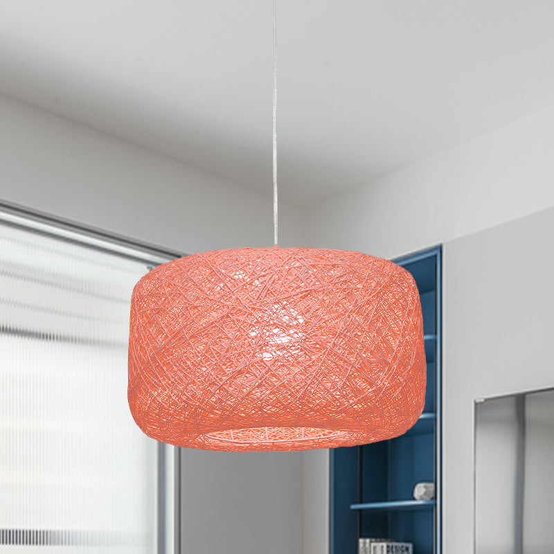 Lampe à suspension tambour en rotin tissé moderne - Diamètre 8"/12" - Noir/Blanc