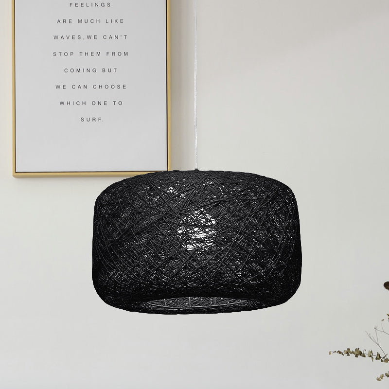 Lampe à suspension tambour en rotin tissé moderne - Diamètre 8"/12" - Noir/Blanc