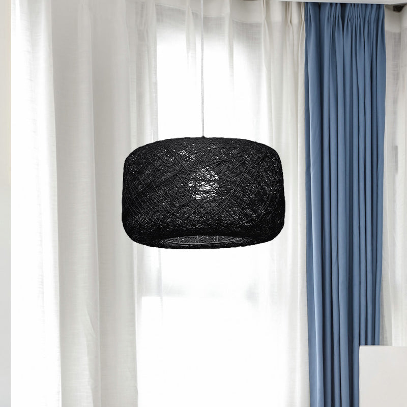 Lampe à suspension tambour en rotin tissé moderne - Diamètre 8"/12" - Noir/Blanc
