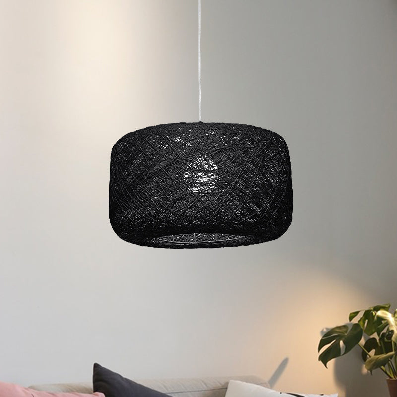 Lampe à suspension tambour en rotin tissé moderne - Diamètre 8"/12" - Noir/Blanc